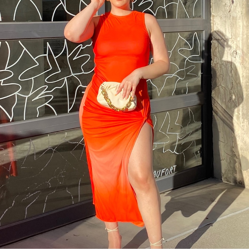 NEW Orange Double Layered Side Slit Front Knot Long Dress